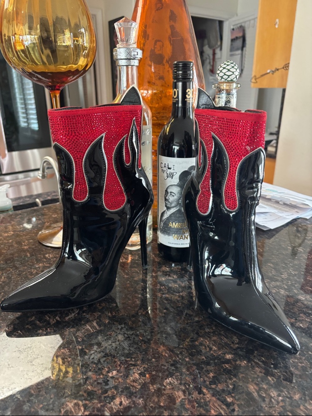 AKIRA Black Patent Stiletto Booties with Red Sparkle Cuff